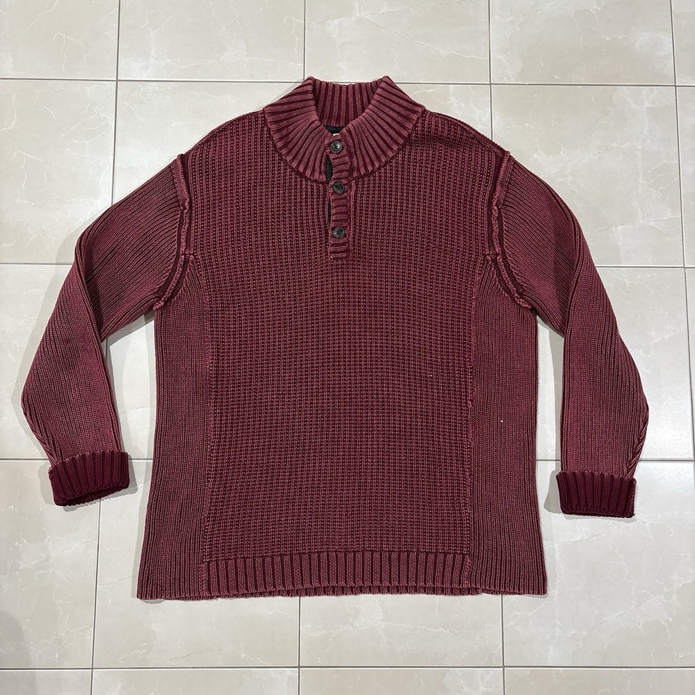 Carbon 2 Cobalt Sweater Heavy Cotton Knit Men's XL Red Henley Distressed